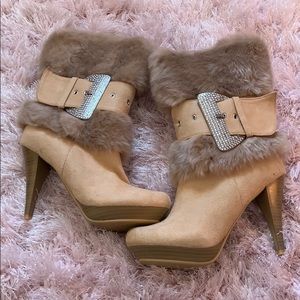 Faux fur, Rhinestone Buckle heeled boots